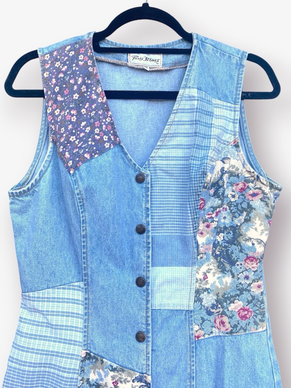 Vintage Patchwork Denim Button-Front Sleeveless Dress Size S-M
